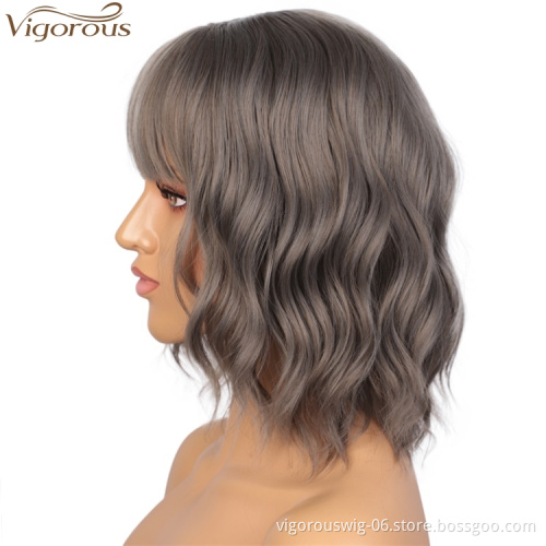 Vigorous Best Sale Wholesale Price Short Bob Grey Wig With Neat Bangs Synthetic Wave Wigs Heat Resistant Fiber